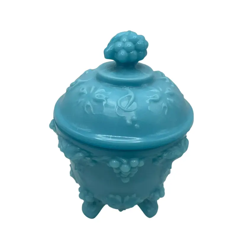 Blue Opaline Milk Glass Grape Pattern Candy Dish With Lid, 6” Tall x 4” Wide