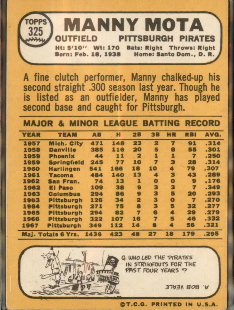 1968 Topps #325 Manny Mota - (pk3) - Pittsburgh Pirates