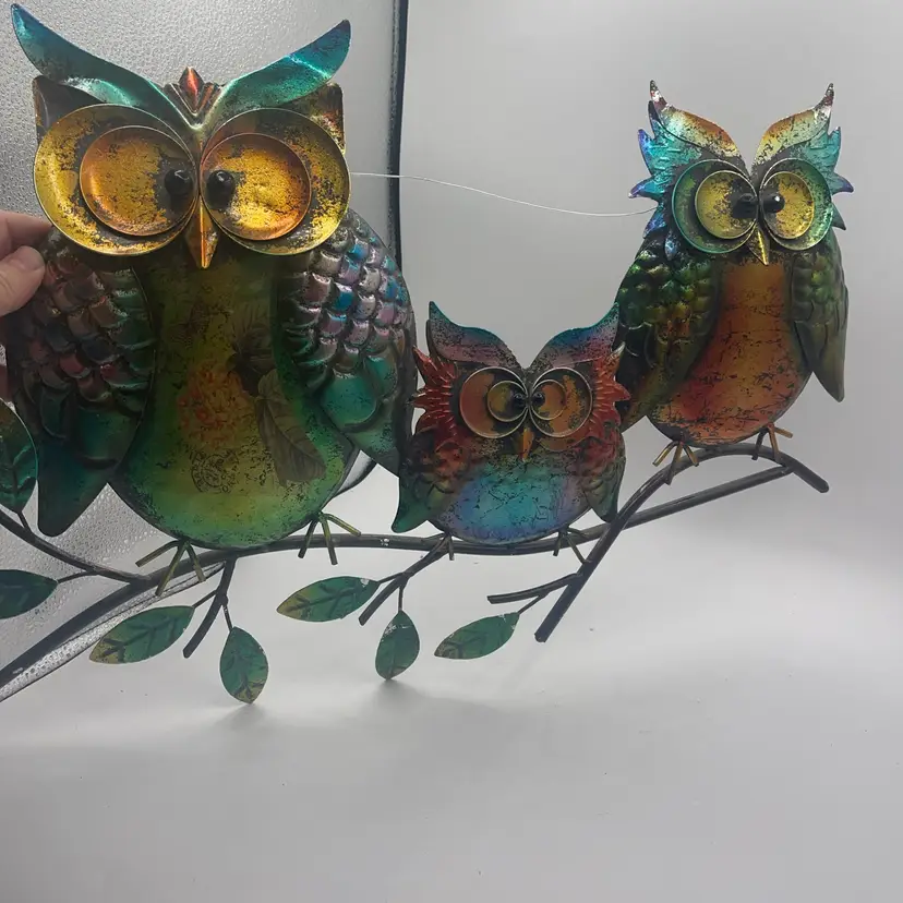 Metal Colorful Owls On A Branch 24” X 16” Hangs On The Wall