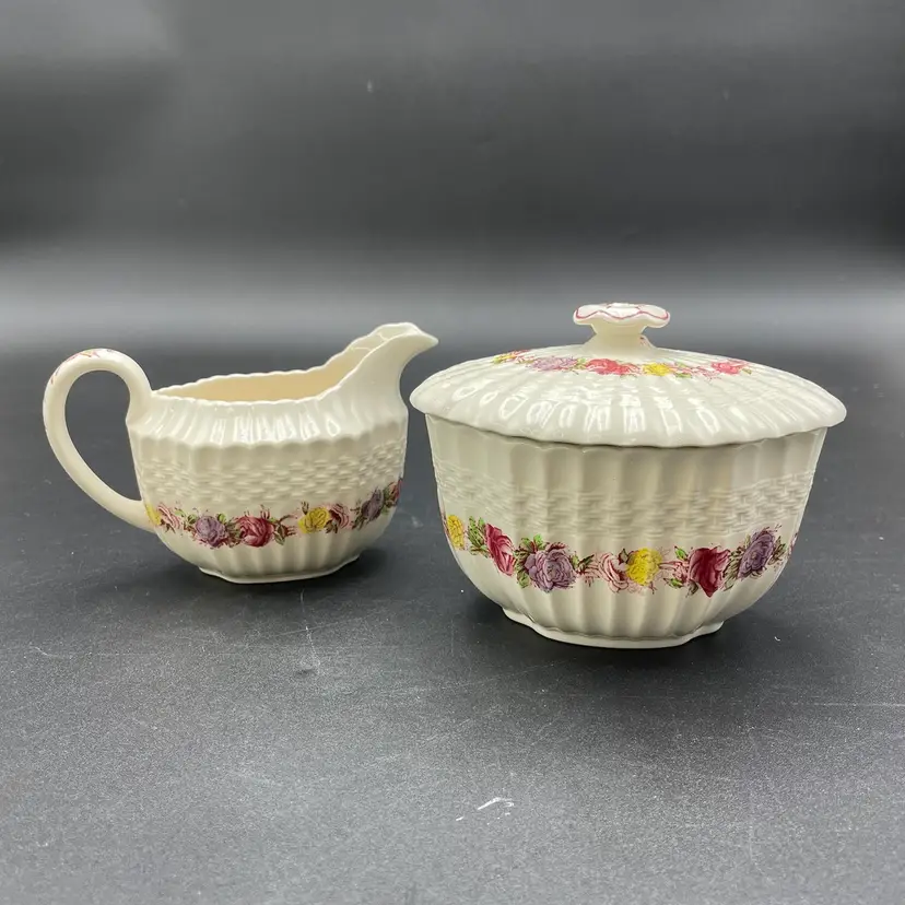 Spode Copeland Rose Briar Cream Sugar Set Basket Weave English Porcelain Kitchen