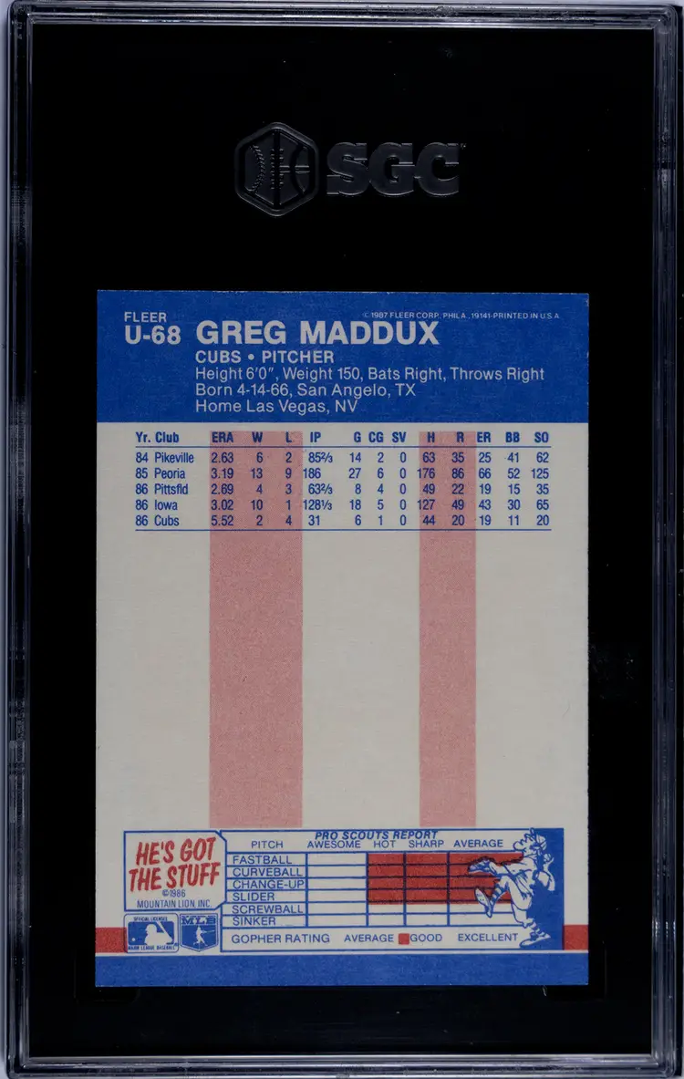 Greg Maddux 1987 Fleer Update U-68 Chicago Cubs SGC 9    CC-2