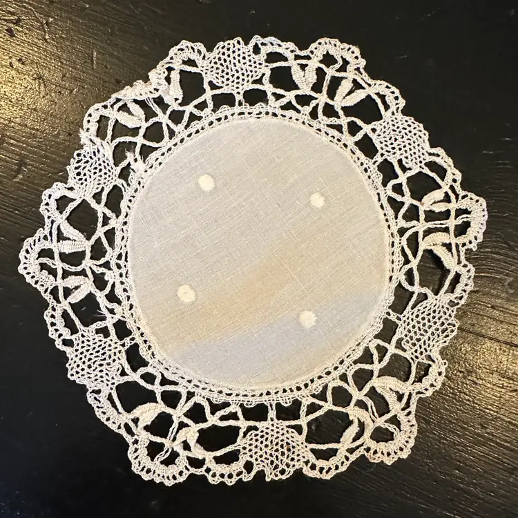 Vintage Set of 5 Matching Polka Dot Linen Doilies with Crocheted Lace Borders 45