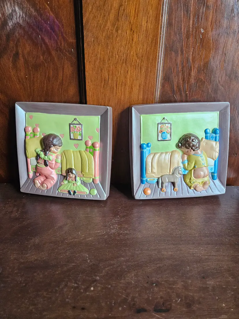Vintage 1970s 3D Ceramic Chalkware Wall Plaques Praying Boy Girl Nursery Set