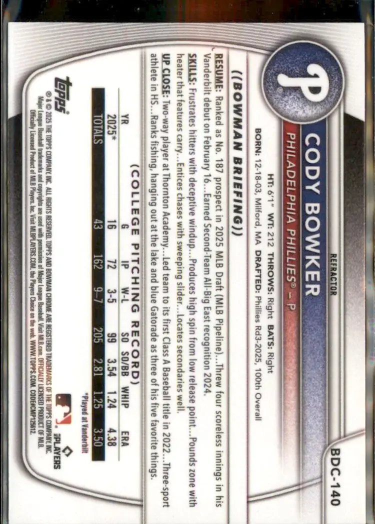 2025 Bowman Draft #BDC-140 Cody Bowker Chrome Refractor - (138) - Philadelphia Phillies