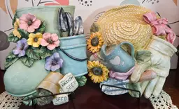 Charming Pair of Vintage Gardening Themed Wall Pockets Floral Vases (read)