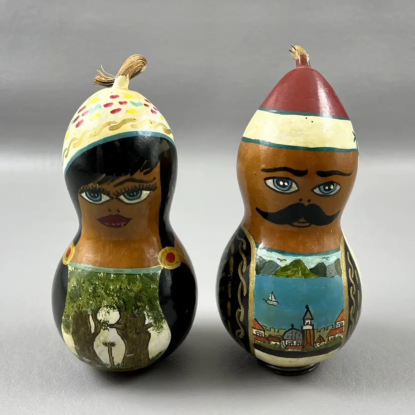 Vintage Hand Painted Folk Art Gourds Figurines Male & Female Man & Woman Signed