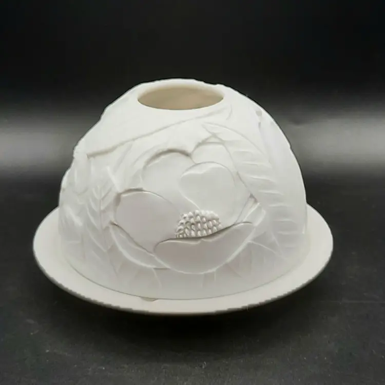 Bernardaud France Magnolia Blossoms Lithophane Bisque Porcelain Fairy Lamp Light Votive Tealight Candle Holder