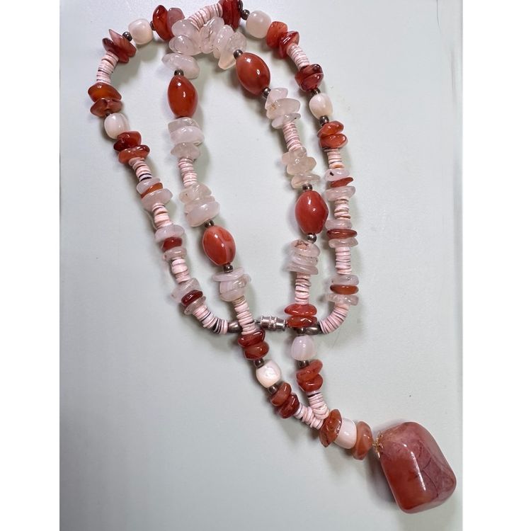 Vintage Carnelian - MOP Mother Of Pearl - Quartz & Heshi Shell Necklace - 28”