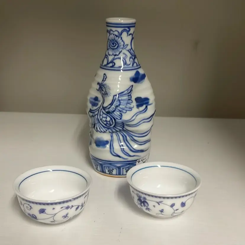 #5113 Japanese Phoenix Bird Blue And White Sake Bottle Small Signed Plus Two Sake Cups