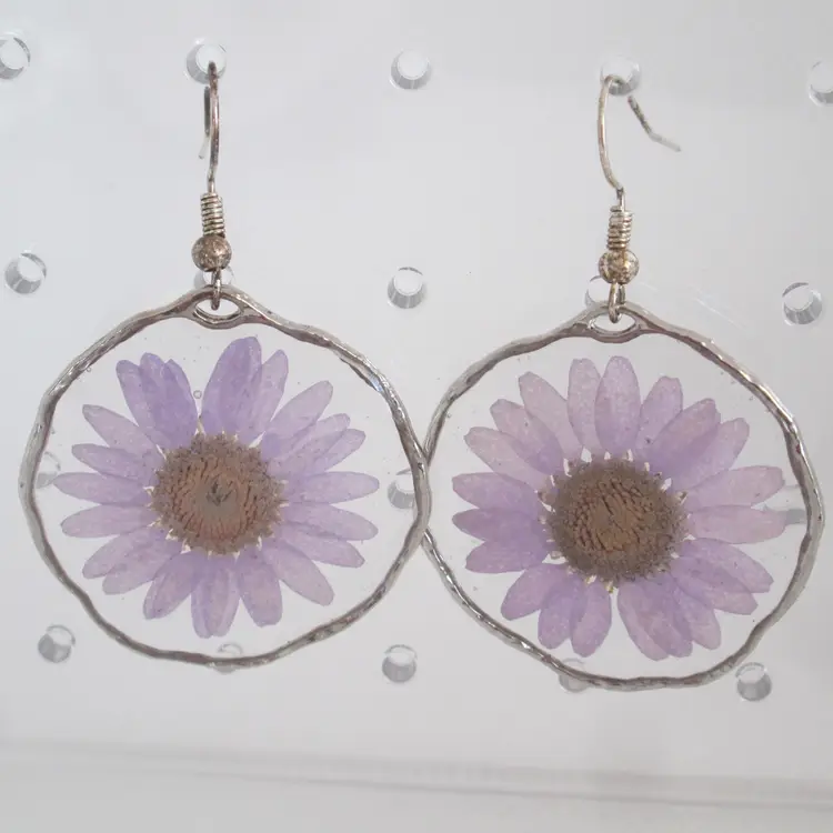 Artisan silver wrapped pink mini daisy flowers earrings