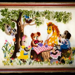Vintage Kitchy Crewel Animal Picnic Framed Art