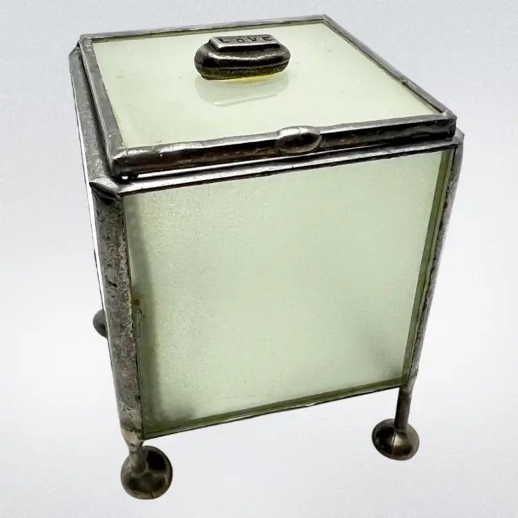 LOVE Frosted Glass Trinket Jewelry Ring Box. Mirrored Bottom Interior.