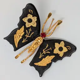 Damascene Gold Tone Butterfly Brooch Pin