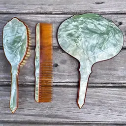 Vintage Green Amber Celluloid Vanity Mirror Brush Comb Set
