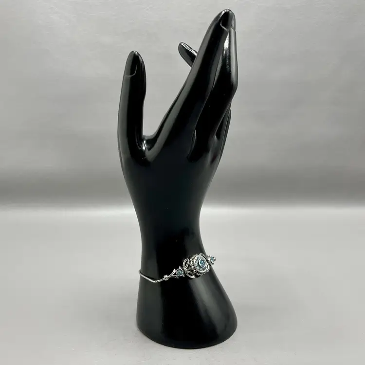 Vintage Filigree Dyamema Bronze Silver Tone Blue Rhinestones Bracelet 7"