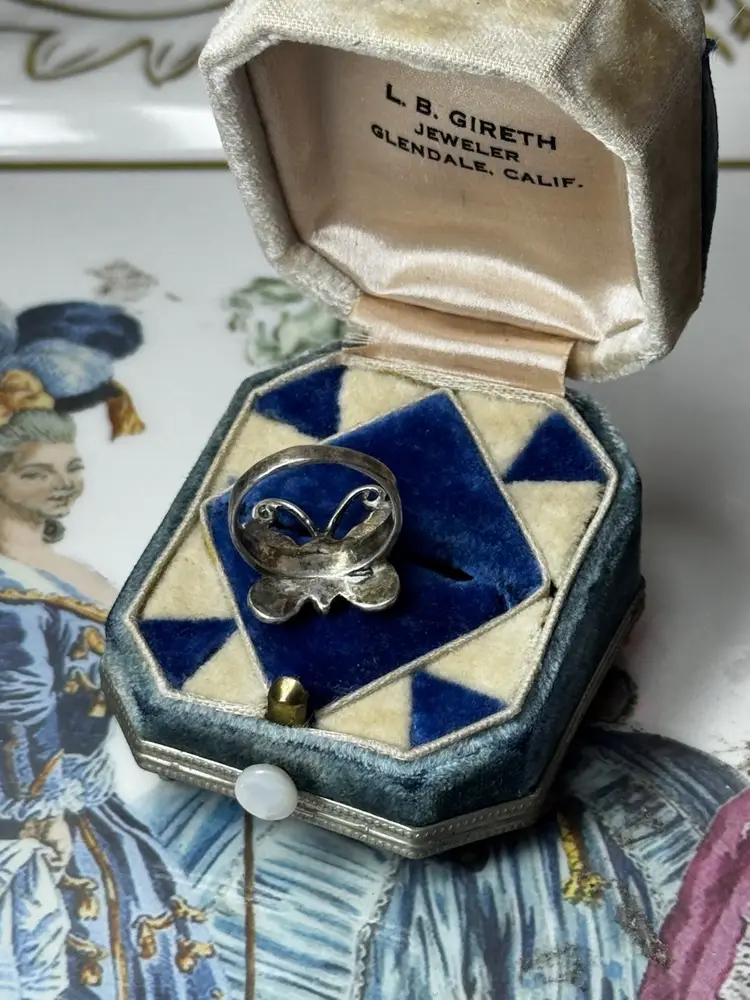 Vintage Sterling Silver Butterfly Ring Turquoise & Coral Chips Size 5