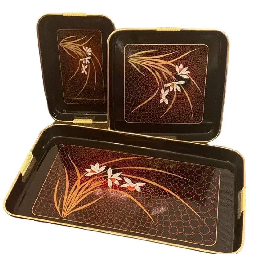 VTG Japanese Black Lacquer Hand-Painted Floral Nesting Serving Tray Set of 3 MCM