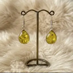 Amber Teardrop Earrings Yellow Resin Dangle Silver Tone Boho