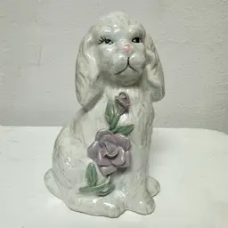 Vintage White Sitting Dog Lusterware Figurine W Purple Flowers
