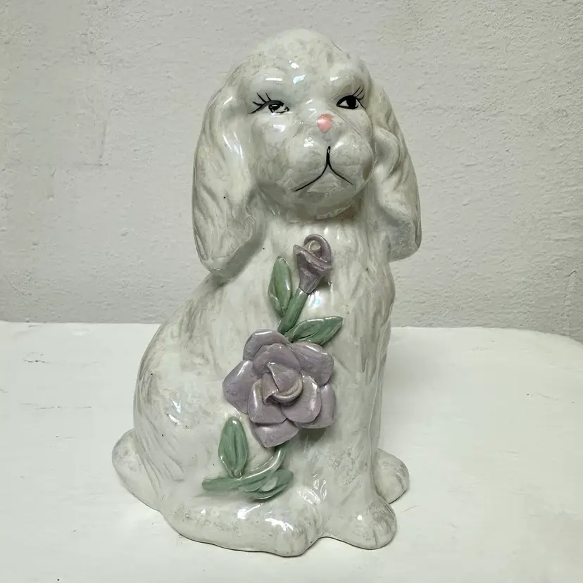 Vintage White Sitting Dog Lusterware Figurine W Purple Flowers