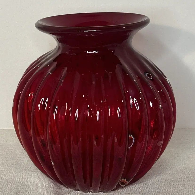 Vintage Art Glass Ruby Red Millefiori Ribbed Bubbles Flared Hand Blown Vase