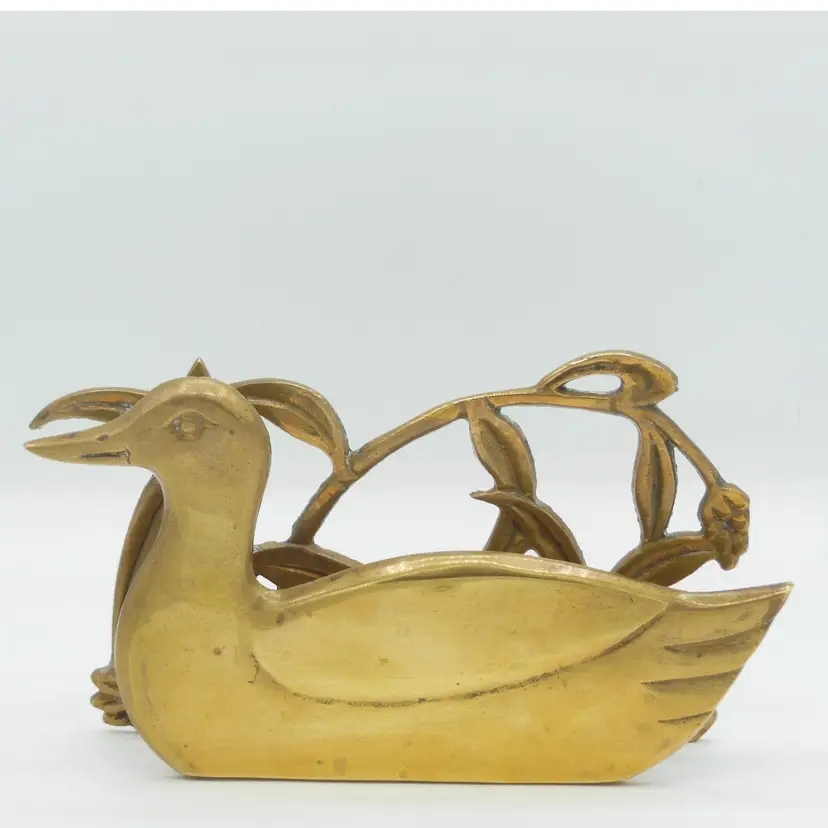 Vintage Solid Brass Duck in Reeds, Letter Holder or Napkin Holder