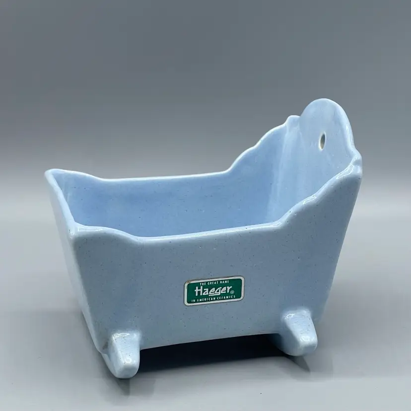 Vintage Haeger Pottery Rocking Cradle Bassinet Blue Ceramic Nursery Planter