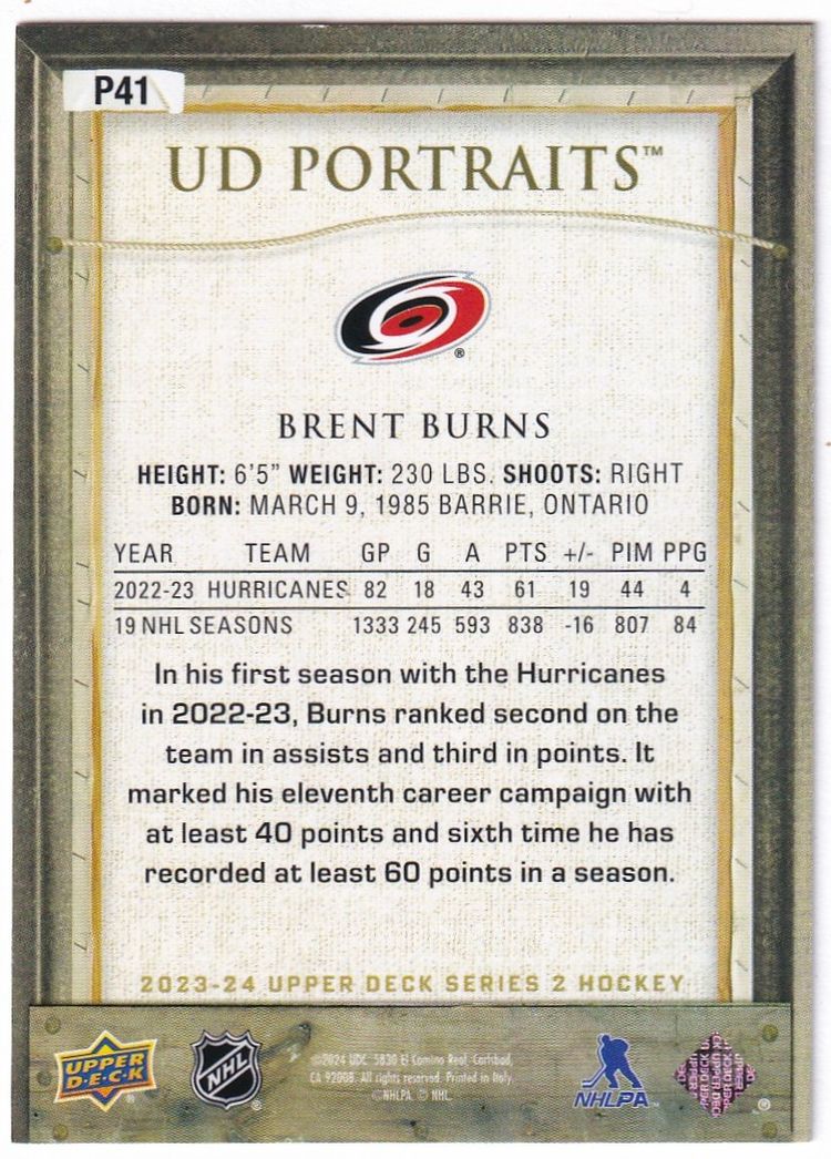 2023-24 Upper Deck UD Portraits #P41 Brent Burns Carolina Hurricanes Hockey Card