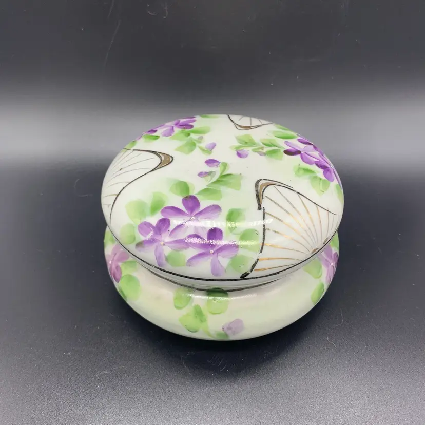 Vintage Porcelain Circular Vanity Jar Dresser Lidded Trinket Powder Dish Violet
