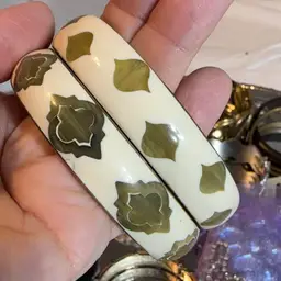 Set Of Greenish Lucite Off White Enamel Geometric Design Bangles