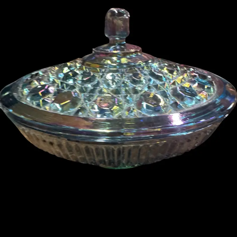 Federal Glass Iridescent Blue Carnival Windsor Button & Cane Candy Dish & Lid