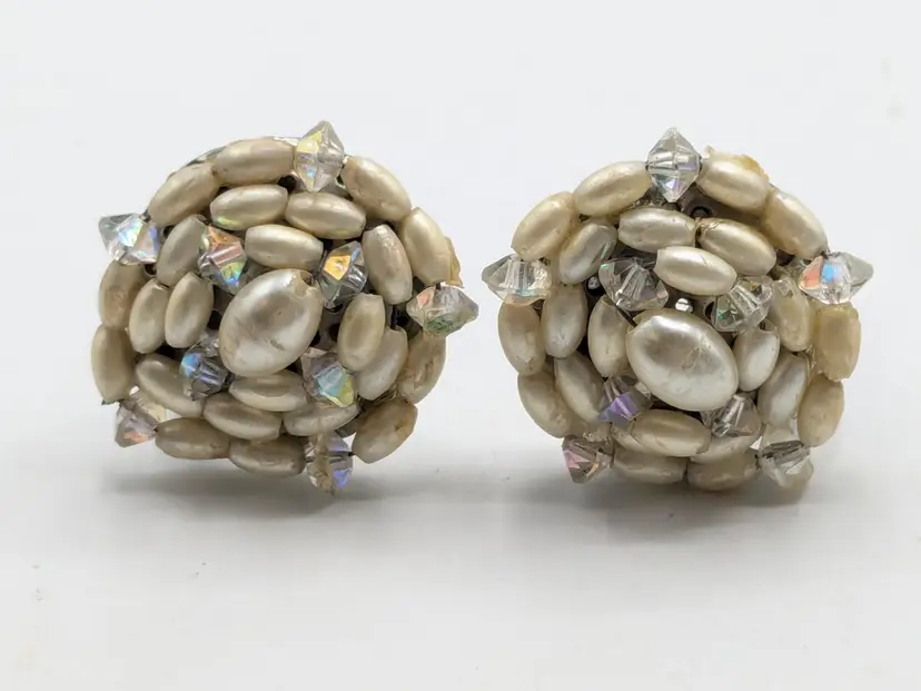 Vintage Beaded Clip-On Earrings with Faux Pearls and Crystals Silver Tone