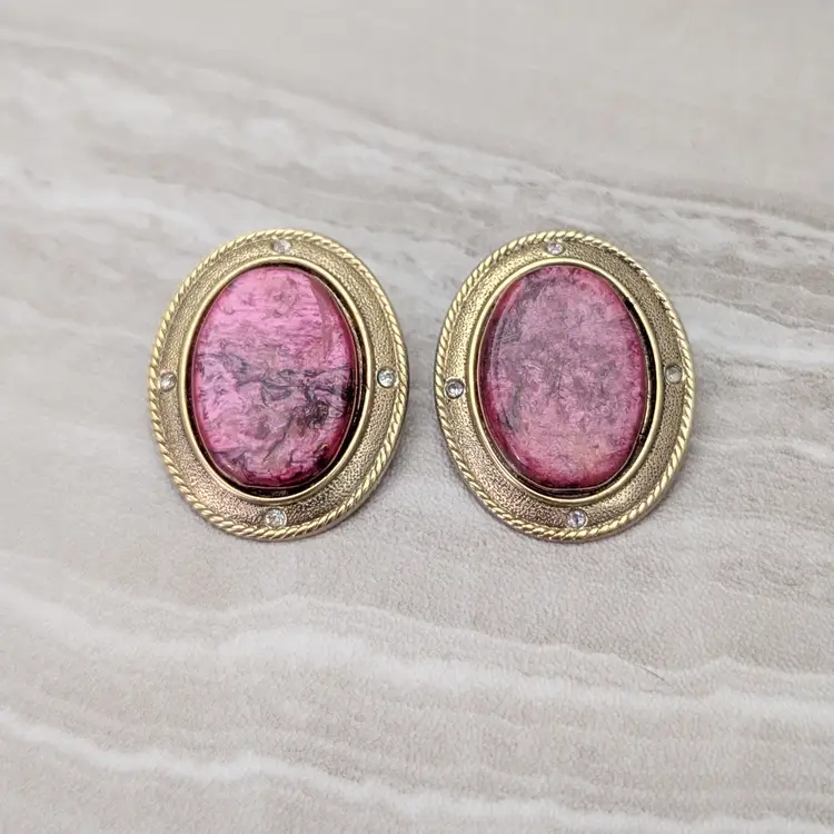 Vintage Clip On Earrings 1 & 3/8" Large Oval Red Center Gold Tone Clear Gems