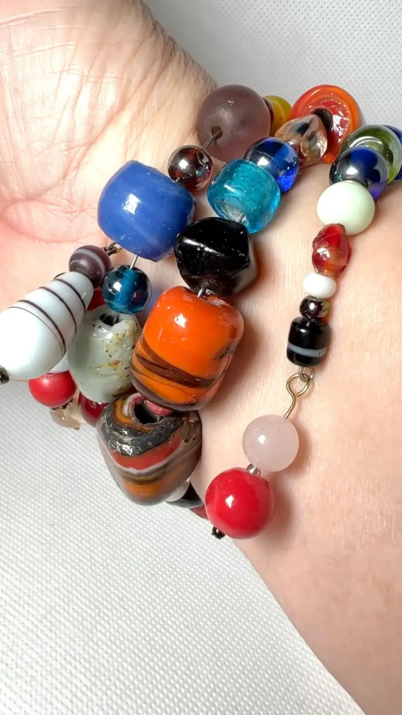 Vibrant Multicolor Art Glass & Ceramic Lampwork Bead Wire Wrap Bracelet. Fits Multiple Wrist Sizes! Gorgeous.