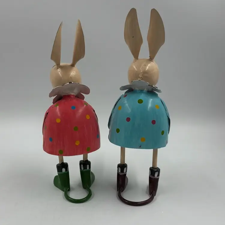 Retired Metal MacKenzie-Childs Hip Hop Easter Bunny Pair With Polka Dot Outfits.  Has A Few Paint Marks Missing In Some Spots.