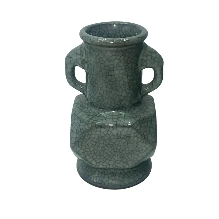 Vintage Celadon Crackle Glaze Vase – Ge/Guan Style Double Handled Redware Body Asian Pottery 5.25” Gray Sage