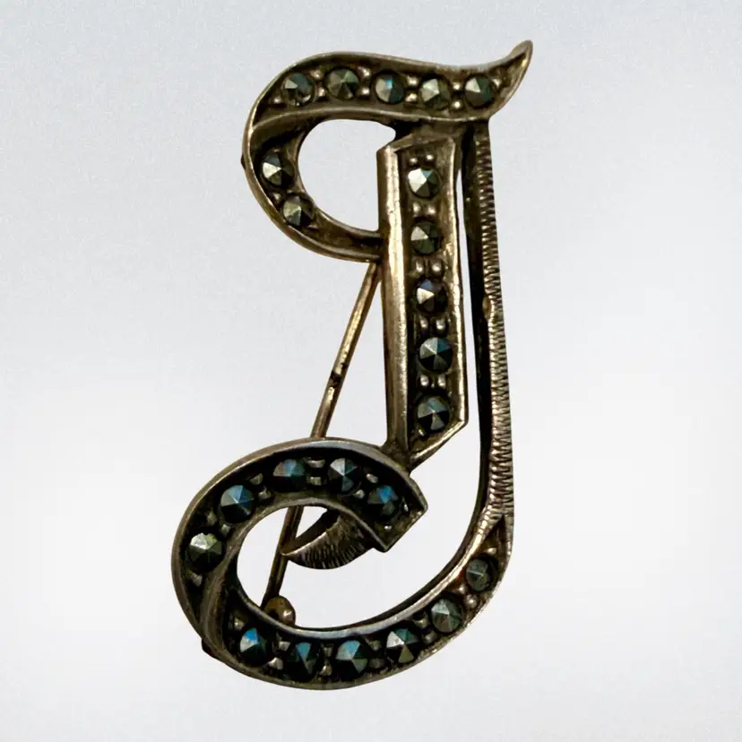 Vintage Art Deco Sterling Silver & Marcasite Monogram Letter T Brooch 1.5”