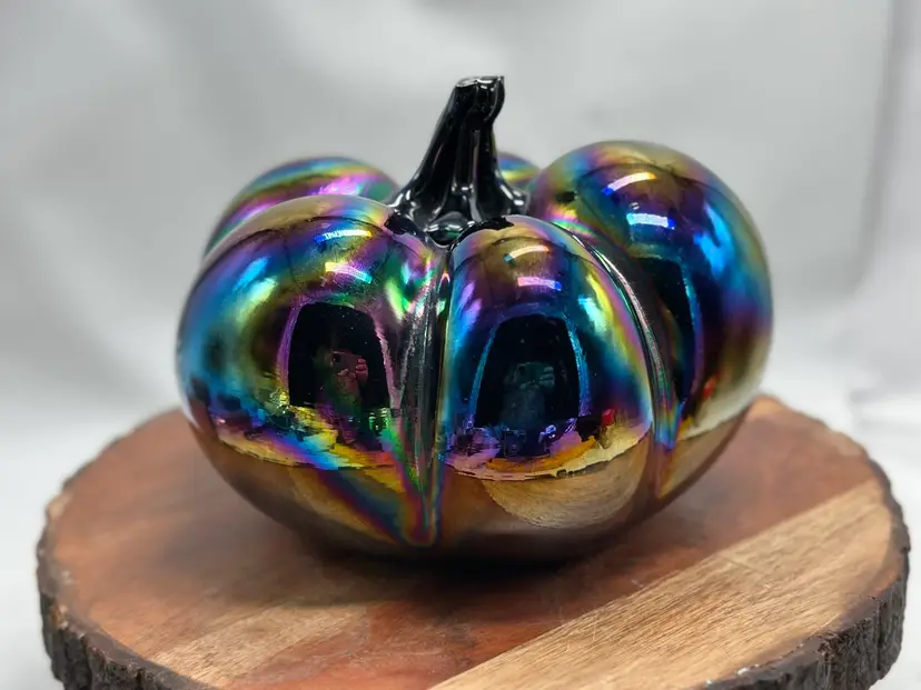 Blown Glass Iridescent Pumpkin Sculpture w/ Twisted Black Stem Fall Harvest