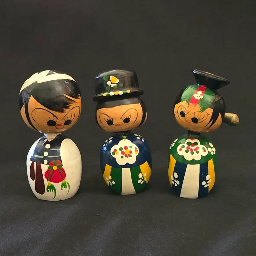 Kokeshi Nodder Wood Dolls Folk Art Japanese 3½" Tall Approximately set of 3 Vintage