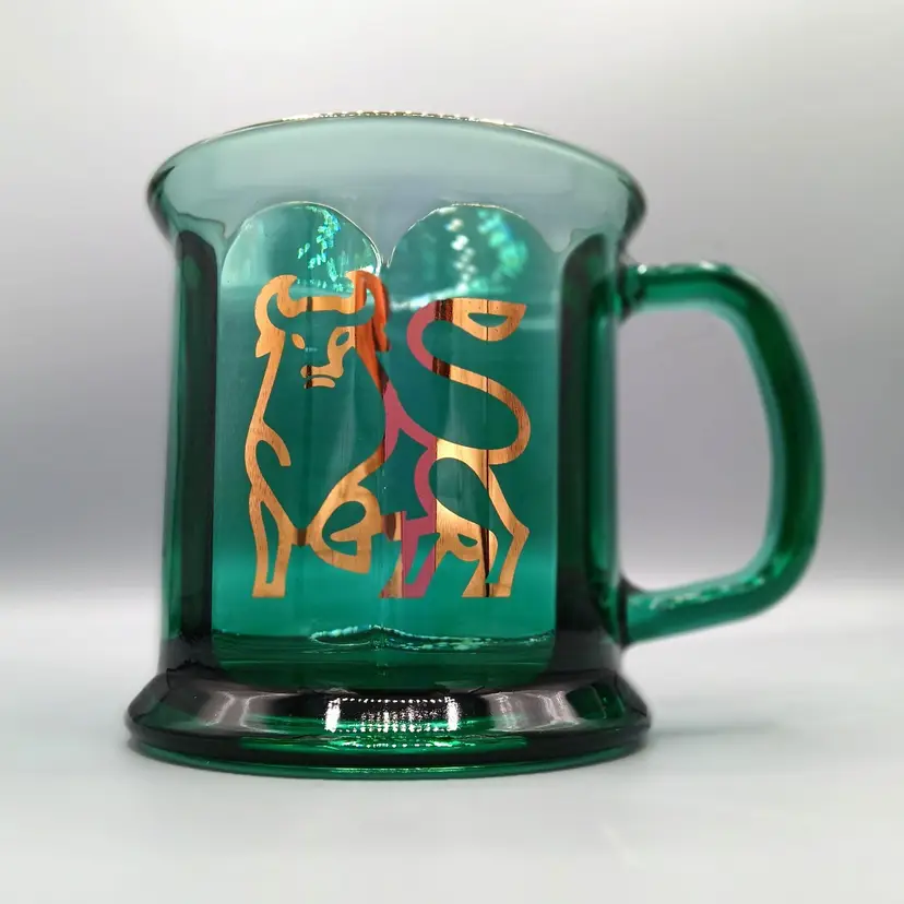 Vintage Culver Heavy Faceted, Flared Rim Glass Mug With 22K Gold Rim and Bull Graphic