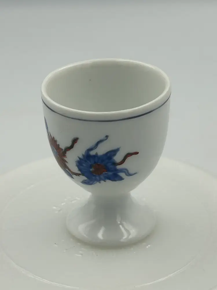 Vintage Porcelain Hand Painted Egg Cup From Hong Kong, Blue & Red Floral Design