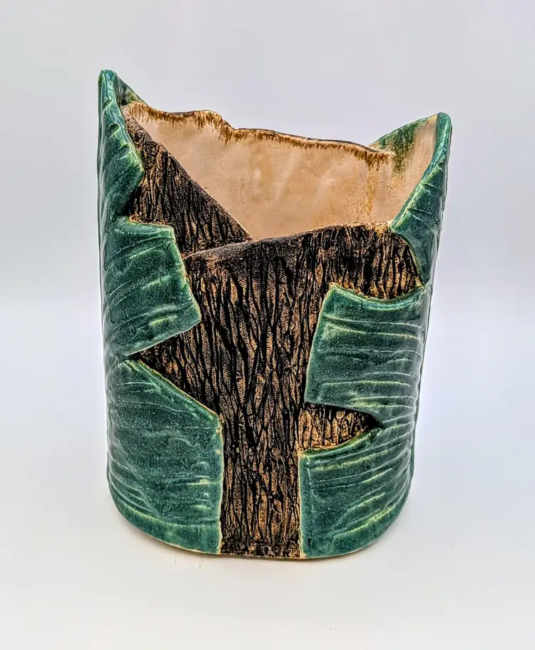 Handmade Ceramic Planter Tree Bark Leaf Design Green Pot 6.5” Rustic