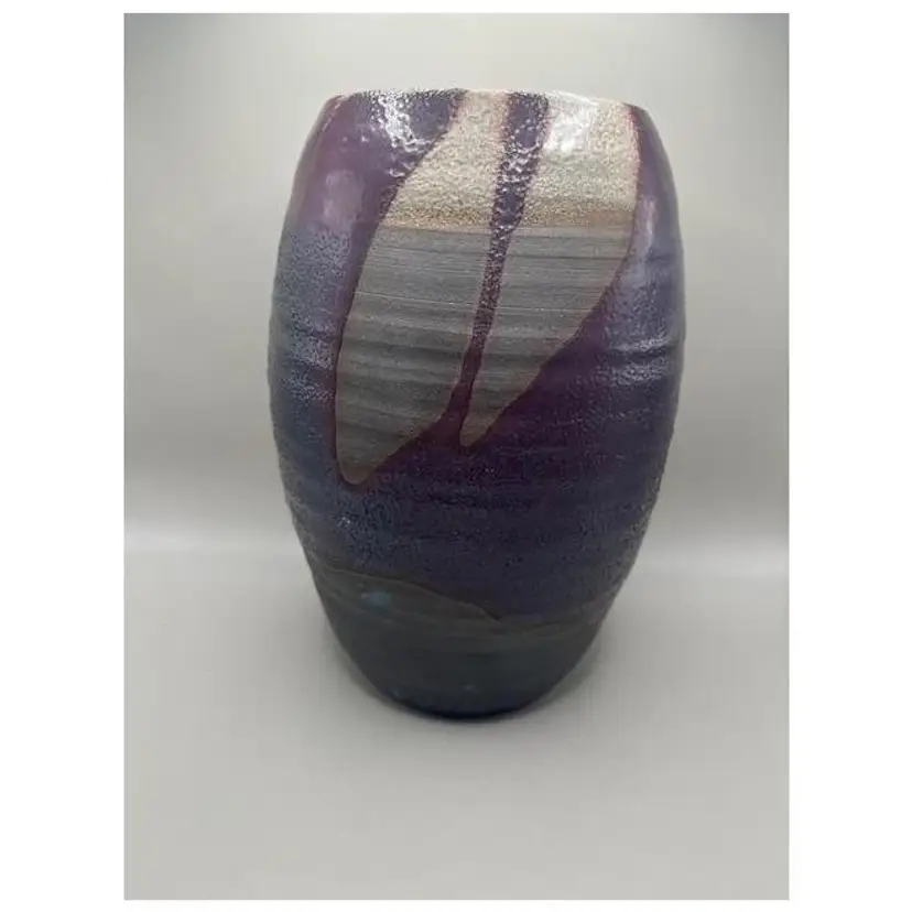#01 Signed Handcrafted Grey and Purple Hues Pottery Vase ~ Unique Glaze Design ~ Measures 8.75 inches tall