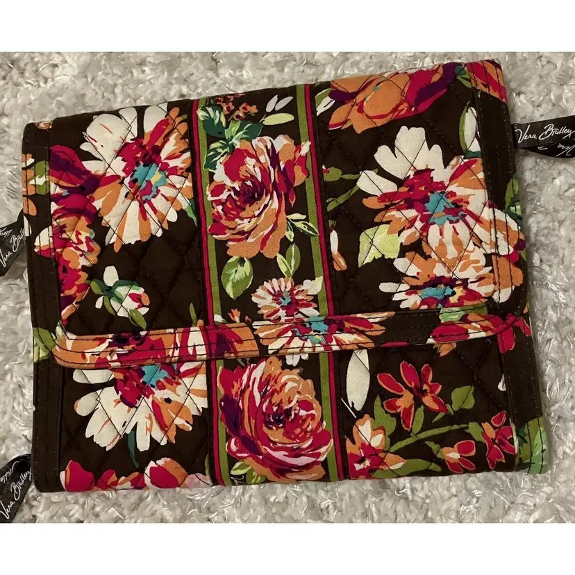 Vera Bradley Travel Jewelry Folio in English Rose Case Floral Brown Pink 10"X8"