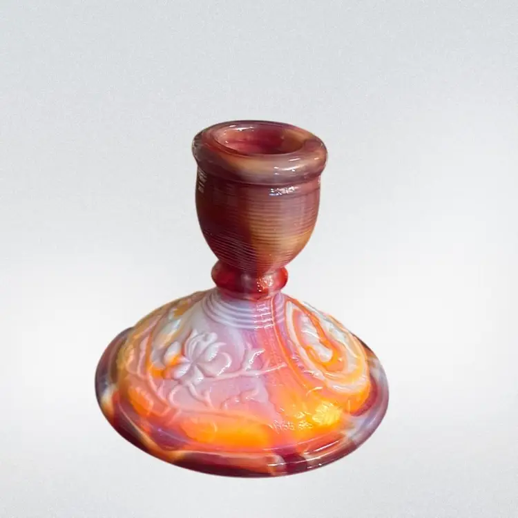 G- Imperial Slag, Glass, Red, White And Orange Yellow Candlestick Holder