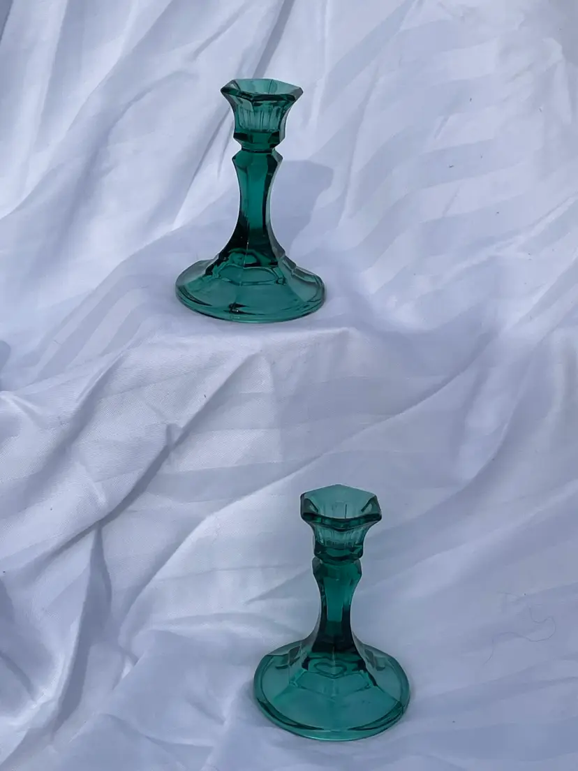 2 Indiana Glass Co Emerald Green/Teal Glass Candle Holders