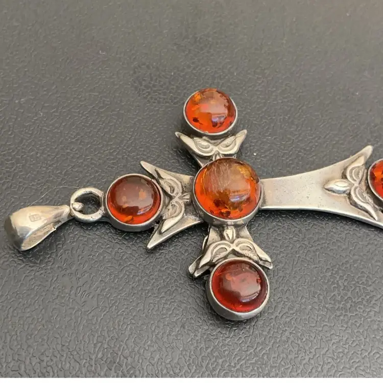 Vintage Religious Sterling Amber Cabochon Cross