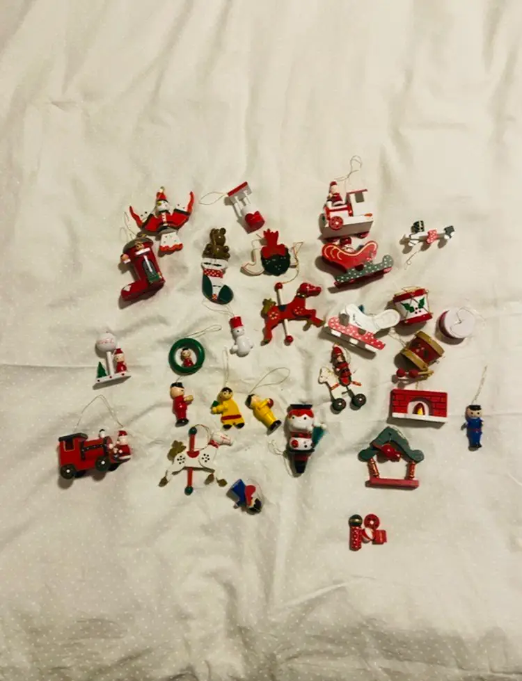 Lot of 27 Vintage Wooden Christmas Ornaments Sled Snowman Santa Train Engine Drums Retro Nordic Scandinavian Farmhouse Rustic Folk Art