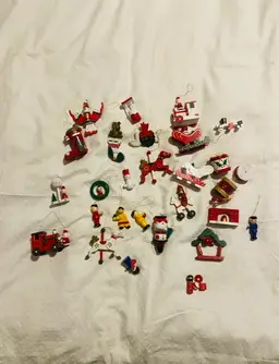 Lot of 27 Vintage Wooden Christmas Ornaments Sled Snowman Santa Train Engine Drums Retro Nordic Scandinavian Farmhouse Rustic Folk Art