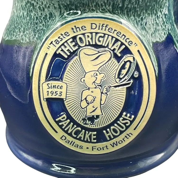 Deneen Pottery Original Pancake House Blue Green Mug Dallas Ft Worth Handmade